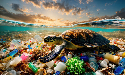 Une tortue marine qui nage avec une pollution e plastique au fond de l'eau - Generative AI