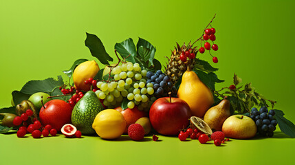Obraz na płótnie Canvas Assorted fruits on a green backdrop