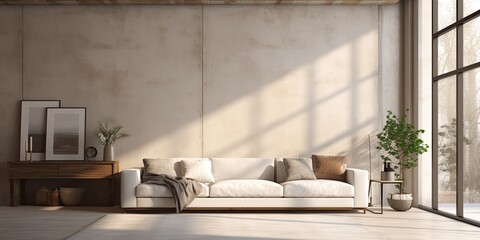 Create contemporary indoor space with couch and sizable window.