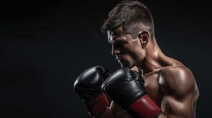 muscular handsome male boxer in boxing gloves on a black background, studio photo, portrait of an athlete, training, face, brutal, strong man