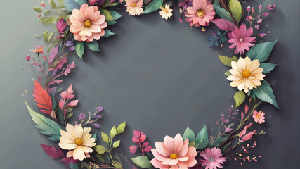  Colorful floral wreath with flowers, branches, buds, leaves. AI generated image, ai