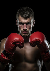 muscular handsome male boxer in boxing gloves on a black background, studio photo, portrait of an athlete, training, face, brutal, strong man