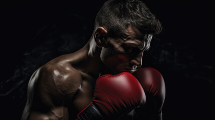 muscular handsome male boxer in boxing gloves on a black background, studio photo, portrait of an athlete, training, face, brutal, strong man