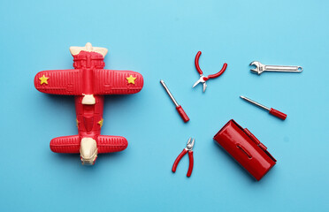 A picture of aircraft with tools. Aircraft engineering concept.