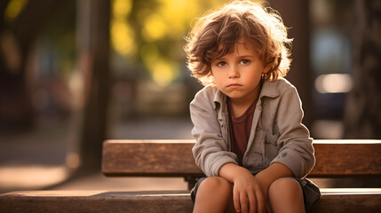 Sad young boy with sitting on a wooden bench in the sunny city park in summer or spring daytime, depressed unhappy male child, lonely preschooler, negative emotion expression, teddy bear behind him