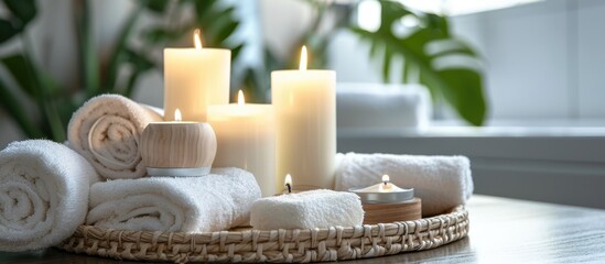 Obraz na płótnie Canvas Bathroom spa setup with scented candle, cream, and cosmetics on a fancy tray with towels.