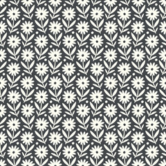 Hand drawn seamless pattern with decorative doodle flowers, repeat pattern with flowers and leaves