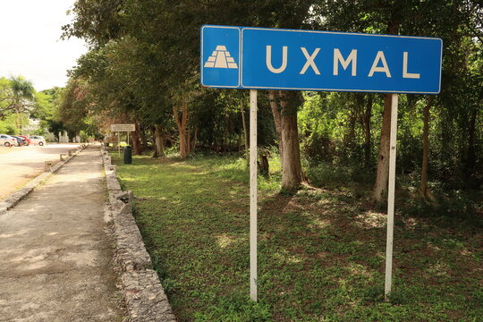 Sign saying "Uxmal" on the parking lot of the Archaeological Site of Uxmal, close to Merida, Mexico