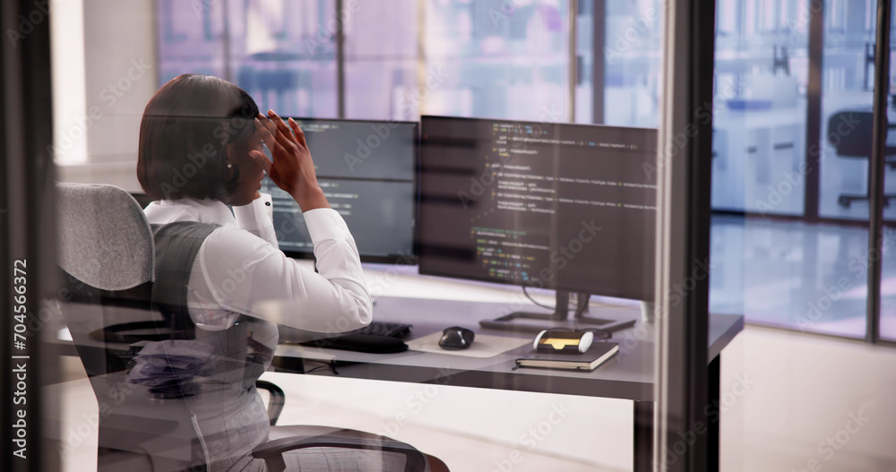 Poster business engineer analyzing broken code