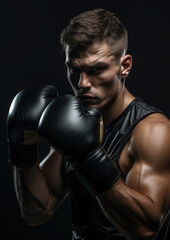 Fototapeta na wymiar muscular handsome male boxer in boxing gloves on a black background, studio photo, portrait of an athlete, training, face, brutal, strong man