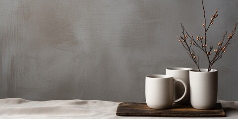 Empty grey craft ceramic coffee cups with a dry branch on a linen tablecloth and wooden board, placed against a grey wall with copy space.