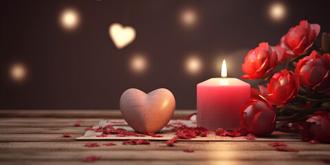 Closeup with burning candles and heart soft gradient background for happy valentines day,, Valentine's Day background with candles and hearts on a red bokeh background .

