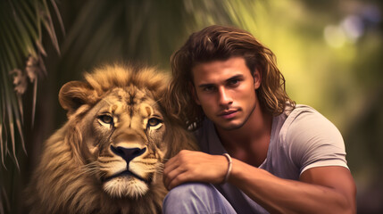 A handsome, muscular young man love and friendship with a lion in the jungle, male person with the...