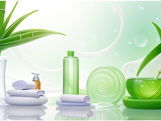 Spa background banner with travel, cosmetics, and beauty care concepts with copy space featuring a green bamboo leaf on a white, translucent water wave in the sunlight