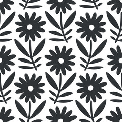 Hand drawn seamless pattern with decorative doodle flowers, repeat pattern with flowers and leaves