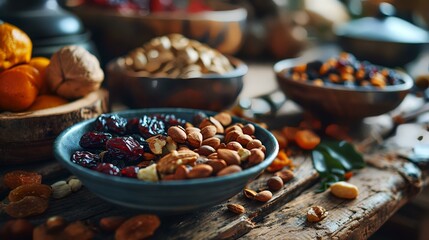 Mix dried fruits and nuts on a wooden background, with selective focus.