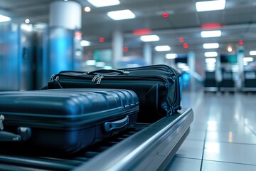 Suitcases on an airport security conveyor belt glide towards a scanner, a prelude to safe travels