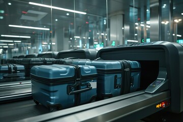 Suitcases on an airport security conveyor belt glide towards a scanner, a prelude to safe travels