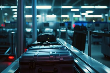 Suitcases on an airport security conveyor belt glide towards a scanner, a prelude to safe travels - 704567992