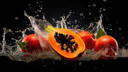 Smooth Fresh ripe organic Papaya Tropical Fruits slices and falling into water and splashes created with Generative AI Technology