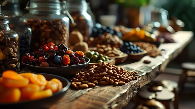 Healthy food. Assortment of dried fruits and nuts on a wooden table