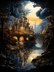 Children's Picture Book Illustration of an Enchanted Castle by Moonlight