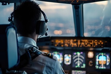 Pilot in cockpit at dusk, guiding the aircraft with focus and expertise - obrazy, fototapety, plakaty