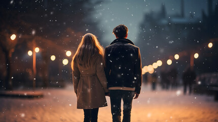 Rearview photo of a man and woman holding hands, walking on the snowy city street or park with trees in winter night wearing jackets and caps. Young couple in marriage love relationship romantic scene