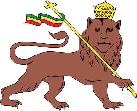 Loin with crown on head with Ethiopia flag, one color lion vector illustration design, crown culture Caribbean, emblem flag fluttering