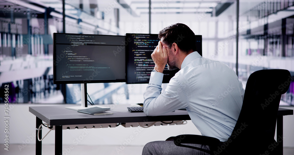 Aufkleber Unhappy Sad Developer Programmer Man In Stress Coding Software