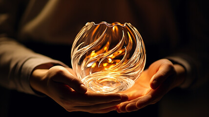 Closeup on two hands touching the orange recource protected by a fragile sphere. Sunlight. - obrazy, fototapety, plakaty