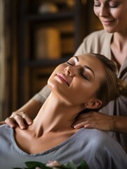 Elegant Mature Lady Receiving Professional Relaxing Massage From Spa Therapist Closeup.