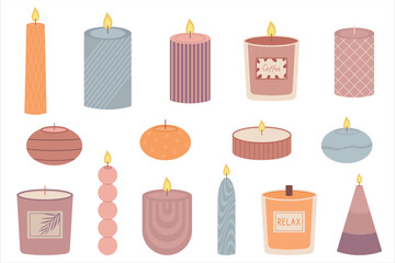 Set of decorative aroma candles. Handmade candles of decorative shape, with or without flame. Vector illustration, EPS 10.