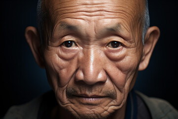 An elderly Asian man steeples his fingers and gazes thoughtfully into the lens in a studio closeup. - obrazy, fototapety, plakaty