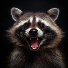 Fototapeta premium Happy Raccoon, Portrait of a Raccoon on a Black Background