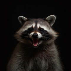 Happy Raccoon, Portrait of a Raccoon on a Black Background