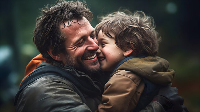 Father and his beautiful young son hugging and smiling. Happy family, young male child parenting, fatherhood concept, two male persons, kid and adult laughing