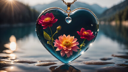 Beautiful heart shaped pendant with flowers in resin. pendant necklace.  AI generated image, ai