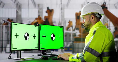 Engineer Using PC Monitor With Green Screen