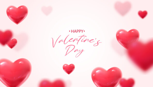 3d realistic vector illustration. Happy Valentines banner with red hearts.