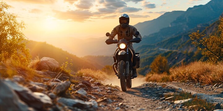 A male expert rider in complete motorcycle gear driving a dirt bike on a mountain road during sunset, with a 3D background. 