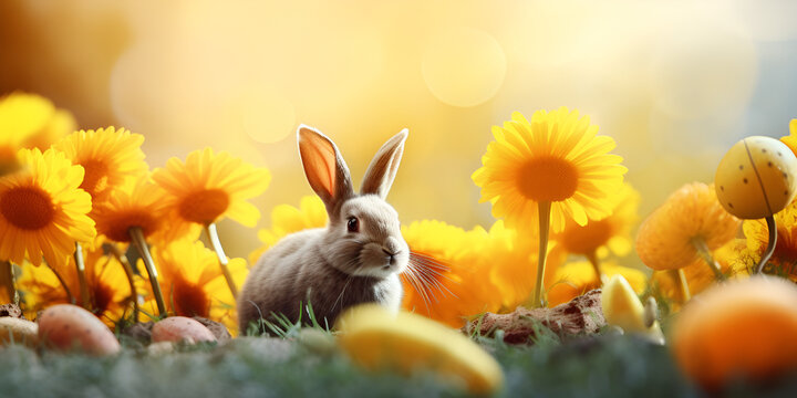 easter bunny and easter eggs, A bunny sits among easter eggs in a field with a bunch of colorful eggs.Cute Easter Bunny with sunglasses and easter eggs Generative Ai

