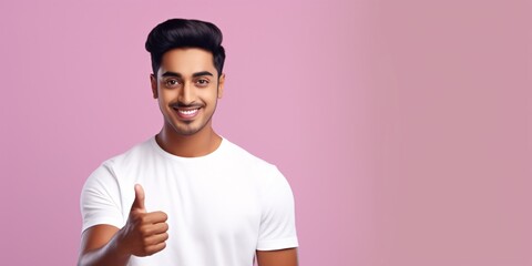 A youthful Indian guy in pink shirt and casual attire holds a white tee and uses a close-up cellphone with blank display, giving a thumbs up gesture against a plain pastel light purple backdrop. - obrazy, fototapety, plakaty