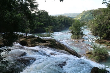 View from the top of the Blue Water Waterfall/Cascadas de Agua Azul on the way to San Cristobal de...