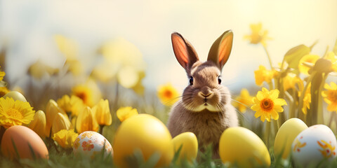 Fototapeta na wymiar easter bunny and easter eggs, Easter bunny in a field with easter eggs, Easter bunny decorated eggs and cute rabbit in sunny spring meadow with defocused abstract lights