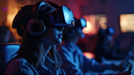 Virtual Reality experience: A young woman in the class room wearing VR glasses set against a dark backdrop, enhanced by colorful neon lights.
