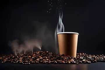 Fotobehang Hot takeway espresso morning coffee in cardboard paper cup. Coffee to go fragrant drink splashes with falling down coffee beans and steam on black background. Banner design. 3d rendered © Hassan