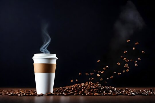 Hot takeway espresso morning coffee in cardboard paper cup. Coffee to go fragrant drink splashes with falling down coffee beans and steam on black background. Banner design. 3d rendered