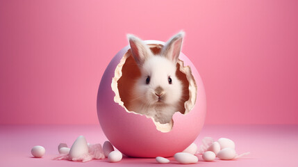 cute little rabbit in an eggshell on a pink background. Easter holiday concept. Generative AI