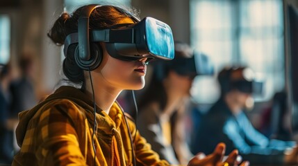 A student in class wearing virtual reality glasses and using a VR headset, illustrating the concept of future technology and virtual reality.